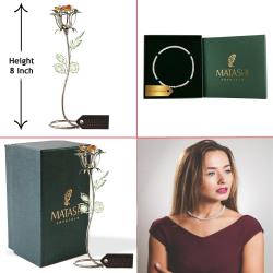 Best Ever Valentine's Day Gift - Gunmetal Rose Flower Tabletop Ornament w/ Red, Orange & Green Crystals and 16" Rhodium Plated Necklace by Matashi