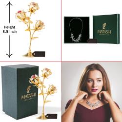 Best Ever Valentine's Day Gift - 24k Gold Plated Rose Flower Tabletop Ornament w/ Red & Pink Crystals with Rhodium Plated Necklace with Flowers Design and 12" Extendable Chain by Matashi