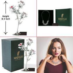 Best Ever Valentine's Day Gift - Chrome Plated Silver Rose Flower Tabletop Ornament w/ Red & Pink Crystals with Rhodium Plated Necklace with Flowers Design and 12" Extendable Chain by Matashi
