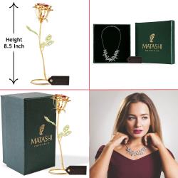 Best Ever Valentine's Day Gift - 24K Gold Plated Rose Flower Tabletop Ornament w/ Red, Pink & Green Crystals with Rhodium Plated Necklace with Flowers Design and 12" Extendable Chain by Matashi
