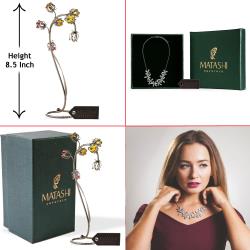 Best Ever Valentine's Day Gift - Black Metal Crystal Flower Table Ornament w/ Red & Yellow Crystals, Rhodium Plated Necklace with Flowers Design and 12" Extendable Chain by Matashi