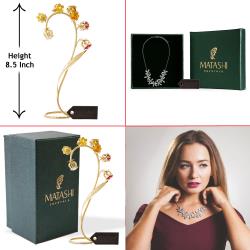 Best Ever Valentine's Day Gift - 24k Gold Plated Crystal Flower w/ Red & Yellow Crystals, Rhodium Plated Necklace with Flowers Design and 12" Extendable Chain by Matashi