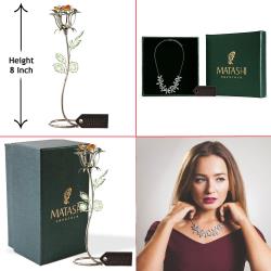 Best Ever Valentine's Day Gift - Gunmetal Rose Flower Tabletop Ornament w/ Red, Orange & Green Crystals with Rhodium Plated Necklace with Flowers Design and 12" Extendable Chain by Matashi