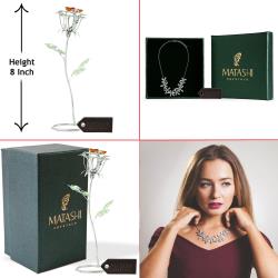 Best Ever Valentine's Day Gift - Chrome Plated Silver Rose Flower Tabletop Ornament with Rhodium Plated Necklace with Flowers Design and 12" Extendable Chain by Matashi
