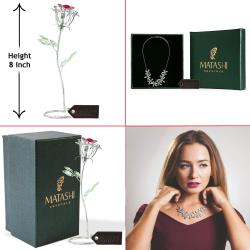 Best Ever Valentine's Day Gift - Chrome Plated Silver Rose Flower Tabletop Ornament with Rhodium Plated Necklace with Flowers Design and 12" Extendable Chain by Matashi