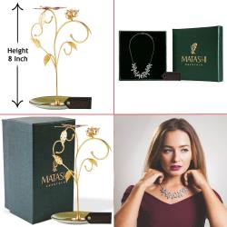 Best Ever Valentine's Day Gift - 24k Gold Plated Jewelry Stand – Elegant Floral and Butterfly Design with Rhodium Plated Necklace with Flowers Design and 12" Extendable Chain by Matashi