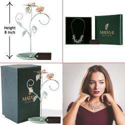 Best Ever Valentine's Day Gift - Rose Gold and Chrome Plated Jewelry Stand with Rhodium Plated Necklace with Flowers Design and 12" Extendable Chain by Matashi