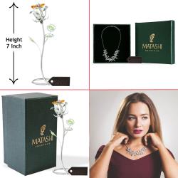 Best Ever Valentine's Day Gift - Chrome Plated Silver Rose Flower Tabletop Ornament, Rhodium Plated Necklace with Flowers Design and 12" Extendable Chain by Matashi