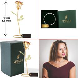 Best Ever Valentine's Day Gift - 24k Gold Plated Rose Flower Tabletop Ornament w/ Red, Pink & Green Crystals with 16" Rhodium Plated Necklace by Matashi