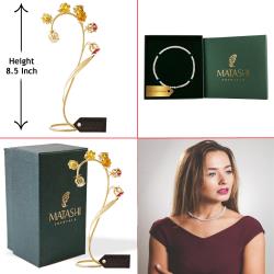 Best Ever Valentine's Day Gift - 24k Gold Plated Red and Yellow Crystal Flower Table Ornament with 16" Rhodium Plated Necklace by Matashi