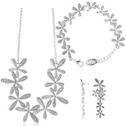 Rhodium Plated Flower design Jewelry set (Necklace, Earrings, Bracelet)