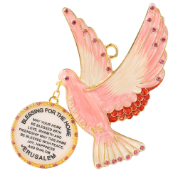 English Judaica Pink Dove Home Blessing Hanging Wall Ornament w/ Matashi Crystals (Pewter) Beautiful Décor for Kitchen, Living, or Family Room | Intricate Design | Peace, Joy, Happiness, Success