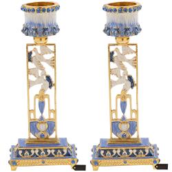 Shabbat Candlestick (2-Piece Set) Hand-Painted, Gold-Plated Pewter | Tall, Vintage Craftsmanship | Adorned w/ Doves | Personal or Religious Enjoyment (Blue)
