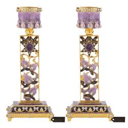 Shabbat Candlestick (2-Piece Set) Hand-Painted, Gold-Plated Pewter | Tall, Vintage Craftsmanship | Adorned w/ Pomegranate and Star of David | Personal or Religious Enjoyment (Purple)