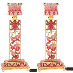 Shabbat Candlestick (2-Piece Set) Hand-Painted, Gold-Plated Pewter | Tall, Vintage Craftsmanship | Adorned w/ Pomegranate and Star of David | Personal or Religious Enjoyment (Red)