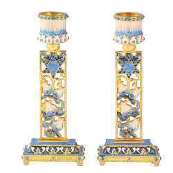 Shabbat Candlestick (2-Piece Set) Hand-Painted, Gold-Plated Pewter | Tall, Vintage Craftsmanship | Adorned w/ Star of David | Personal or Religious Enjoyment