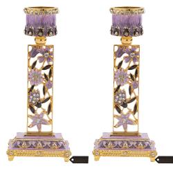 Shabbat Candlestick (2-Piece Set) Hand-Painted, Gold-Plated Pewter | Tall, Vintage Craftsmanship | Adorned w/ Pomegranates and Flowers | Personal or Religious Enjoyment (Purple)