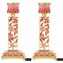 Shabbat Candlestick (2-Piece Set) Hand-Painted, Gold-Plated Pewter | Tall, Vintage Craftsmanship | Adorned w/ Pomegranates and Flowers | Personal or Religious Enjoyment (Red)
