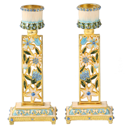 Shabbat Candlestick (2-Piece Set) Hand-Painted, Gold-Plated Pewter | Tall, Vintage Craftsmanship | Adorned w/ Blue Flowers | Personal or Religious Enjoyment