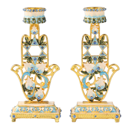 Shabbat Candlestick (2-Piece Set) Hand-Painted, Gold-Plated Pewter | Tall, Vintage Craftsmanship | Hamsa Adorned w/ Star of David | Personal or Religious Enjoyment