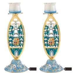 Shabbat Candlestick (2-Piece Set) Hand-Painted, Gold-Plated Pewter | Tall, Vintage Craftsmanship | Adorned w/ Jerusalem Cityscape and Priestly Breastplate Design | Personal or Religious Enjoyment