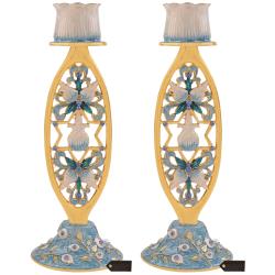 Shabbat Candlestick (2-Piece Set) Hand-Painted, Gold-Plated Pewter | Tall, Vintage Craftsmanship | Adorned w/ Blue Flowers and Star of David| Personal or Religious Enjoyment