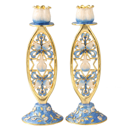 Shabbat Candlestick (2-Piece Set) Hand-Painted, Gold-Plated Pewter | Tall, Vintage Craftsmanship | Adorned w/ Blue Flowers and Star of David| Personal or Religious Enjoyment