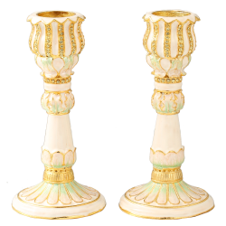 Shabbat Candlestick (2-Piece Set) Hand-Painted, Gold-Plated Pewter | Tall, Vintage Craftsmanship | Ivory with Petal Design | Personal or Religious Enjoyment