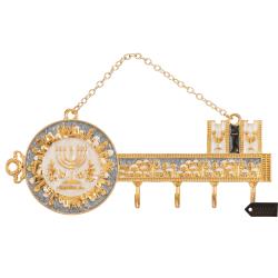 Hand-Painted Grey and Ivory Enamel Menorah and Jerusalem Cityscape Design Decorative Hanging Wall Hooks  for Entryway, Hallway, Bedroom, Kitchen and Home Decor