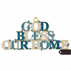 God Bless Our Home Welcome Wall Art Sign for Home, 5.5'' Blue and Ivory Hanging Wall Ornament with Matashi Crystals  (Pewter) Beautiful Décor for Kitchen, Living, or Family Room | Intricate Design