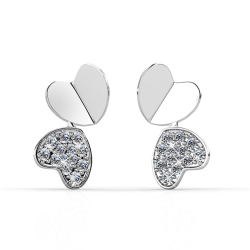 18K White Gold Plated Earrings with Reflecting Double Heart Design and Encrusted with High Quality Crystals by Matashi