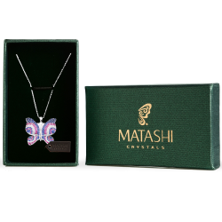Rhodium Plated Butterfly Necklace with Pink, Blue and Clear CZ Stones By Matashi