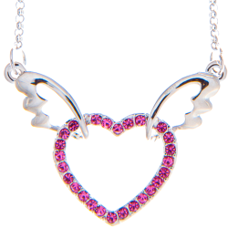 Rhodium Plated Necklace with Winged Heart Design with a 16" Extendable Chain and High Quality Rose Crystals by Matashi