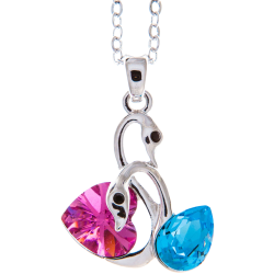 Rhodium Plated Necklace with Loving Swans Design with a 16" Extendable Chain and High Quality Rose and Ocean Blue Crystals by Matashi