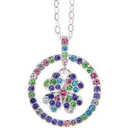 Rhodium Plated Necklace with Round 'Lucky Four Leaf Clover' Design Pendant with a 16" Extendable Chain and High Quality Multicolor Crystals by Matashi