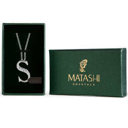 Rhodium Plated Necklace with Personalized Letter "S" Initial Design with a 16" Extendable Chain and High Quality Crystals by Matashi