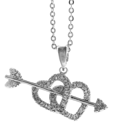 Rhodium Plated Necklace with Cupid's Arrow Double Heart Design with a 16" Extendable Chain and High Quality Crystals by Matashi