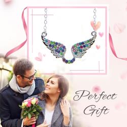 Rhodium Plated Necklace with Outspread Angel Wings Design with a 16" Extendable Chain and High Quality Multicolored Crystals by Matashi