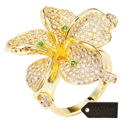 Matashi Flower Ring for Women Cubic Zirconium, Gold-Plated w/ Clear and Green Crystals | Intricate Floral Designs | Trendy Fashion for Girls, Teens, Ladies Size 5