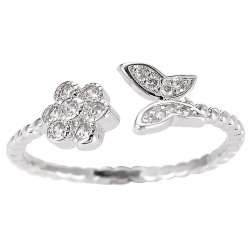 Rhodium Plated Flower Butterfly Zircon Open Ring for Women - Women Open Statement Rings for Mothers, Girlfriend, Sister, Wife and More – Open Cocktail Rose Ring Fashion Jewelry by Matashi Size 8