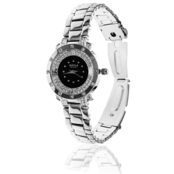18K White Gold Plated Woman's Luxury Watch with Adjustable Link Band and Encrusted with 60 High Quality Crystals by Matashi