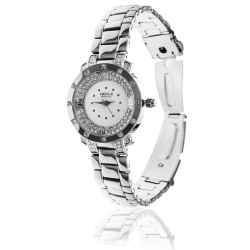 18K White Gold Plated Woman's Watch with Adjustable Band Links and Encrusted with 60 High Quality Crystals by Matashi