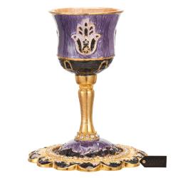Hand-Painted Enamel Tall 5" Kiddush Cup Set with Stem and Tray Embellished with High Quality Crystals and Hamsa Design, for Weddings, Shabbat, Havdalah, Passover Goblet, Judaica Gift Home Decor, Blessings Cup