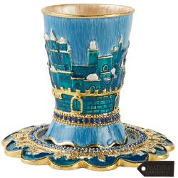 Hand-Painted Enamel 3.3'' Tall  Kiddush Cup Set with Tray Embellished with High Quality Crystals and Jerusalem Cityscape Design, for Weddings, Shabbat, Havdalah, Passover Goblet, Judaica Gift Home Decor, Blessings Cup
