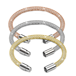 Set of Three 7" 18K Gold Plated Mesh Bangle Bracelet with Magnetic Clasps and High Quality Crystals by Matashi (Champagne Gold, Rose Gold and White Gold)