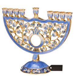 Hand Painted Blue Enamel Pomegranate Design Menorah Candelabra Embellished with Gold Accents and High Quality Crystals by Matashi