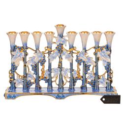 Hand Painted Blue and Ivory Tulip Menorah Candelabra, Embellished with Gold Accents and High Quality Crystals by Matashi