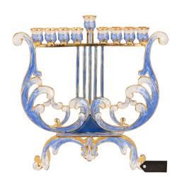 Hand Painted Blue and Ivory Harp Menorah Candelabra, Embellished with Gold Accents and High Quality Crystals by Matashi