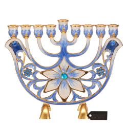 Hand Painted Blue and Ivory Flower Menorah Candelabra, Embellished with Gold Accents and High Quality Crystals by Matashi