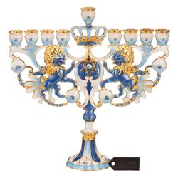Hand Painted Blue and Ivory Regal Lion Menorah Candelabra, Embellished with Gold Accents and High Quality Crystals by Matashi